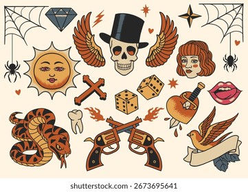 Conjunto de várias coleção de design de tatuagem flash vintage