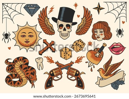 Set Of Various Vintage Flash Tattoo Design Collection