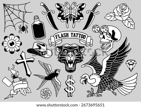 Set Of Various Vintage Flash Tattoo Collection Black and White