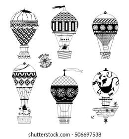 Set of various vintage hot air balloons. Black and white. Vector illustration