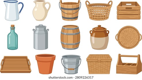 Set of various vintage household storage containers including wooden crates rustic buckets ceramic jugs and woven baskets vector graphic illustration