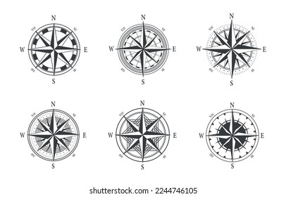 Set of various vintage marine compasses. Different vintage compass collection. Vector stock