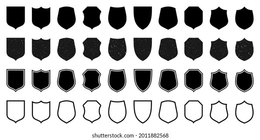 Set of various vintage outlined shield icons. Black heraldic shields with grunge texture. Protection and security symbol, label. Vector illustration.