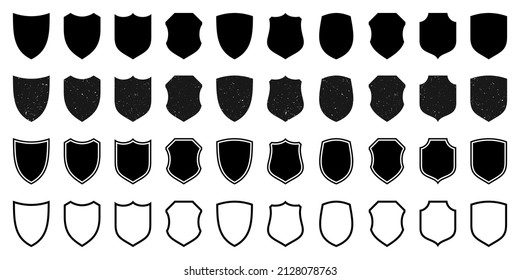 Set of various vintage outlined shield icons. Black heraldic shields with grunge texture. Protection and security symbol, label. Vector illustration.