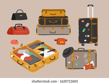 Set of various vintage, retro luggage bags, open suitcase with packed travel stuff, case, clutch and clothes. Hand drawn trendy colorful isolated design elements. Cartoon vector illustration