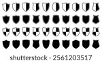 Set of various vintage shield icons. Black heraldic shields. Protection and security symbol, label. Vector illustration.