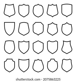 Set of various vintage shield icons. Black heraldic shields. Protection and security symbol, label. Line art. Vector illustration.