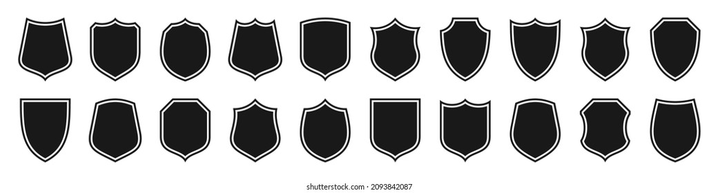 Set von verschiedenen Vintage-Schild-Symbole. Schwarz umrissene heraldische Schilde. Sicherheits- und Schutzzeichen, Etikett. Vektorgrafik.