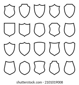 Set of various vintage shield icons. Black heraldic shields. Protection and security symbol, label. Line art. Vector illustration.