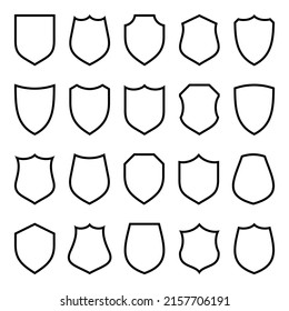 Set of various vintage shield icons. Black heraldic shields. Protection and security symbol, label. Line art. Vector illustration.