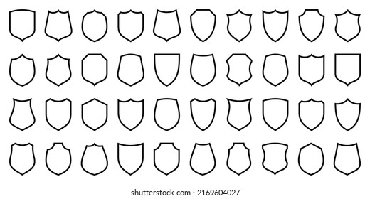 Set of various vintage shield icons. Black heraldic shields. Protection and security symbol, label. Line art. Vector illustration.