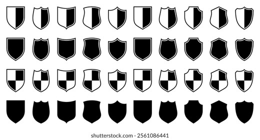 Set of various vintage shield icons. Black heraldic shields. Protection and security symbol, label. Vector illustration.