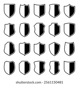 Set of various vintage shield icons. Black heraldic shields. Protection and security symbol, label. Vector illustration.