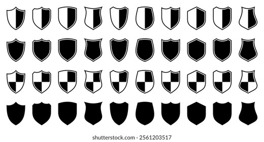 Set of various vintage shield icons. Black heraldic shields. Protection and security symbol, label. Vector illustration.