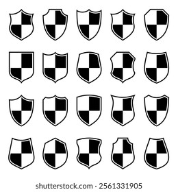 Set of various vintage shield icons. Black heraldic shields. Protection and security symbol, label. Vector illustration.