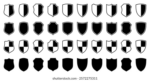 Set of various vintage shield icons. Black heraldic shields. Protection and security symbol, label. Vector illustration.