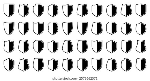 Set of various vintage shield icons. Black heraldic shields. Protection and security symbol, label. Vector illustration.