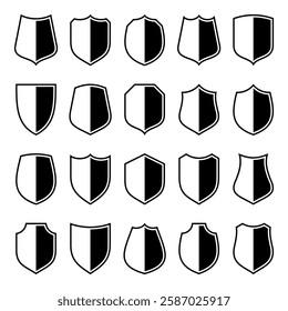 Set of various vintage shield icons. Black heraldic shields. Protection and security symbol, label. Vector illustration.