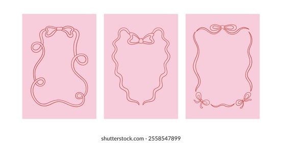 Set of various vintage wavy hand drawn frames with bows. Vector outline illustration of greeting card templates with ribbons. Retro coquette aesthetic