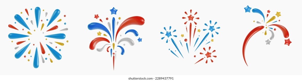 Set various vivid fireworks explosions. Festive art object for usa independence day. American national celebration design elements. Bright vector 3d cartoon illustration in minimal realistic style.