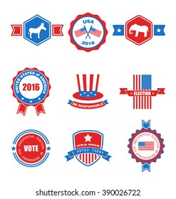 Set of Various Voting Graphics Objects and Labels, Emblems, Symbols, Icons and Badges for Vote USA. Templates and Design Elements. Isolated on White Background - Vector