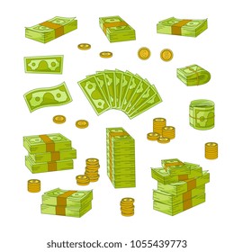 Set of various wads, stacks, rolls and piles of dollars, banknotes, bills, coins, flat vector illustration isolated on white background. Set of money - dollars, banknotes, bills and coins