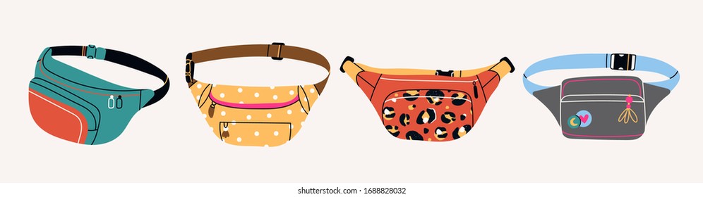 Set of Various Waist bags. Colorful banana shaped belt bags. Hand drawn trendy Vector illustration. Fancy retro fashion accessory. All elements are isloated