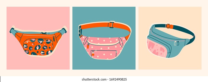 Juego de varias bolsas de hueso. Bolsas de cinturones en forma de plátano coloridas. Dibujo a la moda Vector. Accesorio de moda retro. Todos los elementos están aislados