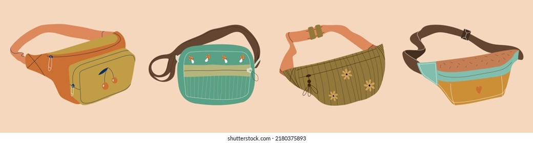 Set of Various Waist bags. Colorful banana shaped belt bags. Hand drawn trendy Vector illustration. Fancy retro fashion accessory. All elements are isloated
