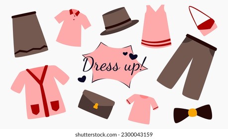 conjunto de varias ilustraciones vectoriales de clip de armario. estilo a mano de camisa, pantalones, bolso de honda, arco, falda, etc. Recursos de diseño de moda.