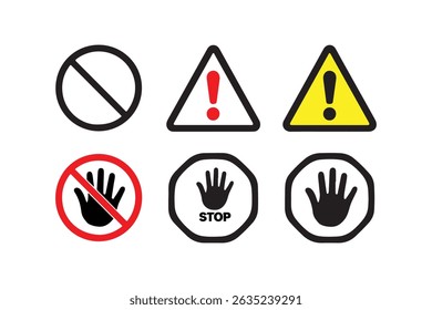 Set of various warning and caution signs, including a no entry sign, a general warning sign, and a stop sign.