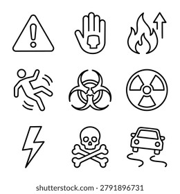 Set of various warning and danger symbols including hazard, biohazard, radiation, fire, and slippery surface icons.