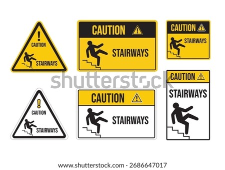 Set of various warning signs indicating caution and danger on stairways to prevent falls. Safety concept.