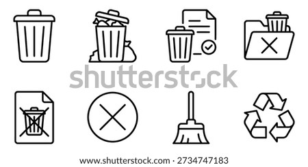 Set of various waste disposal and recycling icons with trash bins and symbols explained Vector Icon Bundle