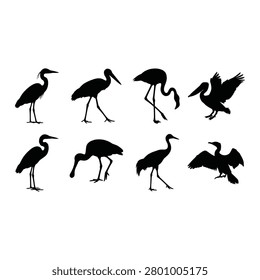 Set of various water bird silhouettes featuring herons cranes flamingos pelicans and cormorants in action poses.