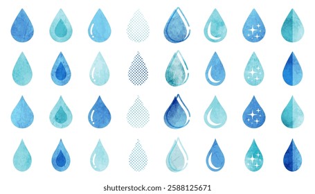 A set of various water droplet-shaped icons (light blue)