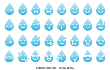 A set of various water droplet-shaped icons (light blue)