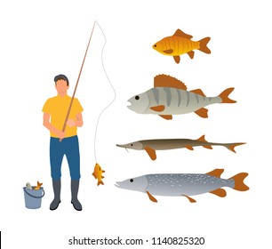 Set of various water inhabitants and fisherman isolated on white background vector illustration of man with fishing-rod and full bucket with haul