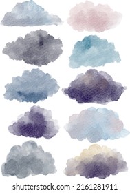 Set of various watercolor clouds digital watercolor painting isolated on white