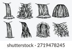 Set of various waterfall illustrations in a sketch style