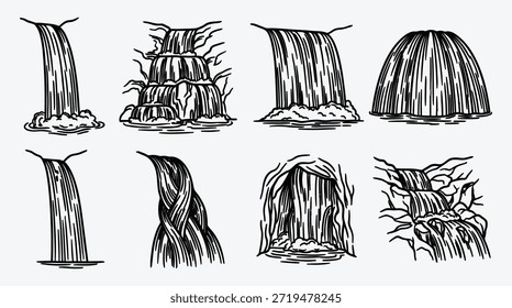 Set verschiedener Wasserfall-Illustrationen im Skizzenstil