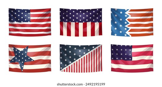 Set von verschiedenen schwenkenden amerikanischen Flagge Muster, auf isoliert auf weißem Hintergrund, Vektorgrafik geheftet.