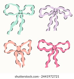 Set of various wavy bows, gift ribbons. Bowknots in hand-drawn and flat styles. Fashionable vector illustration. Hair accessory. Bows for gift wrapping