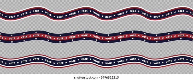 Conjunto de varias cintas onduladas en colores rojo, azul y blanco de la bandera americana con estrellas y texto VOTE 2024. Líneas sin fisuras, cintas, rayas para las elecciones presidenciales de Estados Unidos aisladas sobre fondo transparente