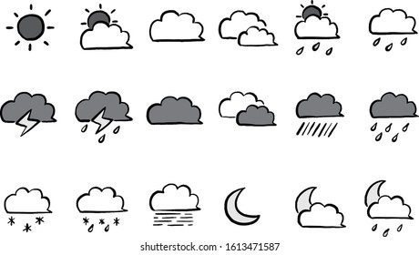 Set of various weather icons handwritten (black and white)