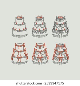 Conjunto de vários bolos de casamento com cerejas e arcos. Ilustração vetorial em estilo de esboço retrô. Clipart vintage para cartões de felicitações e convites de férias