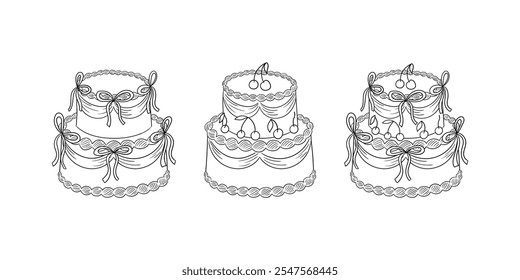 Conjunto de vários bolos de casamento com cerejas e arcos. Ilustração vetorial em vintage coquette estética. Clipart retrô para cartões de felicitações e convites de férias