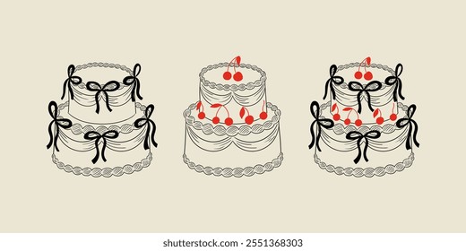 Set of various wedding cakes with cherries and bows. Vector illustration in retro sketch style. Vintage clipart for greeting cards and holiday invitations