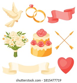 Set Of Various Wedding Objects. Marriage Romantic Items.