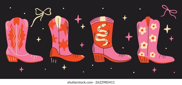Set of various western cowboy boots with flowers, flame, stars, snake in cartoon retro groovy funky style. Hand-drawn vector illustration elements, stickers decoration